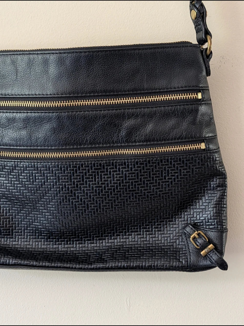 Elliott Lucca Black Leather Crossbody Bag with Gold Hardware